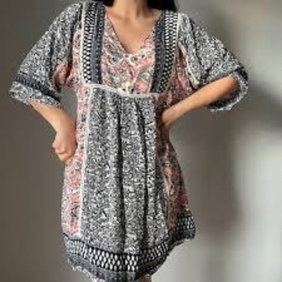 EUC. Boho [Sundance] Romantic Navy & Pink Kimono Mini Dress + Keyhole | Large - Picture 4 of 15